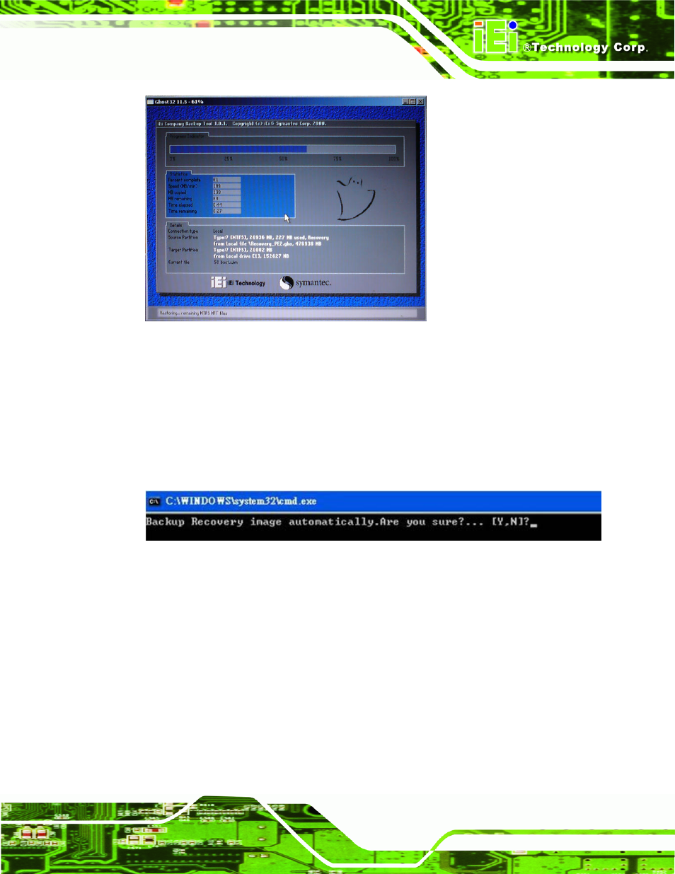 Figure b-26: building the auto recovery partition, Figure b-27: factory default image confirmation | IEI Integration WAFER-CV-D25501_N26001 User Manual | Page 146 / 181