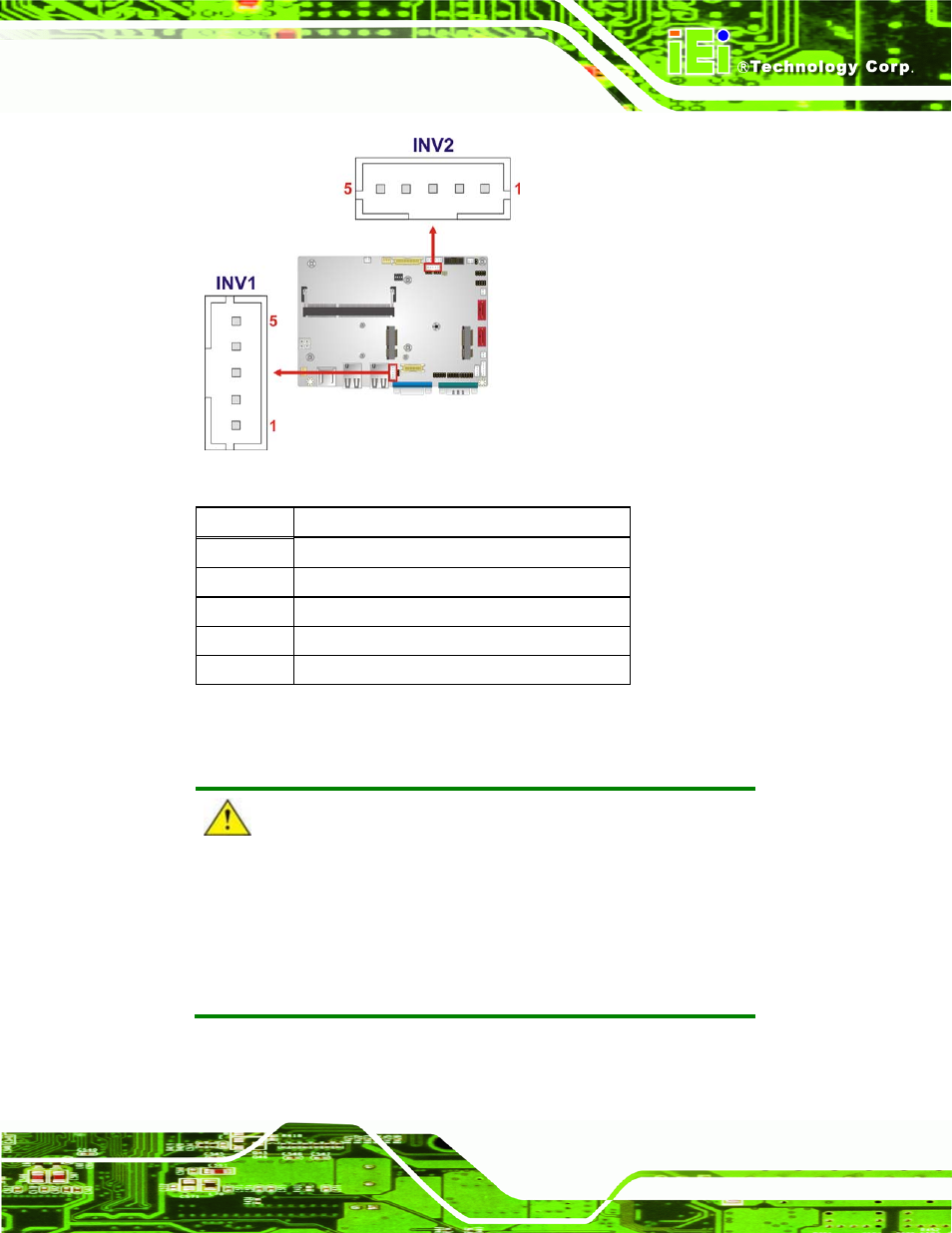 5 battery connector, Figure 3-5: backlight inverter connector locations, Table 3-6: backlight inverter connector pinouts | 5 battery connector caution | IEI Integration WAFER-CV-D25501_N26001 User Manual | Page 34 / 181