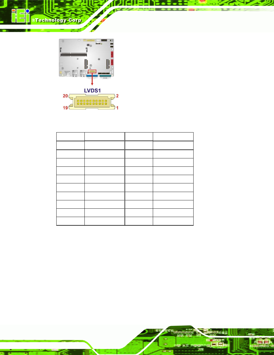 10 lvds2 connector, Figure 3-10: lvds1 connector location, Table 3-11: lvds1 connector pinouts | IEI Integration WAFER-CV-D25501_N26001 User Manual | Page 39 / 181