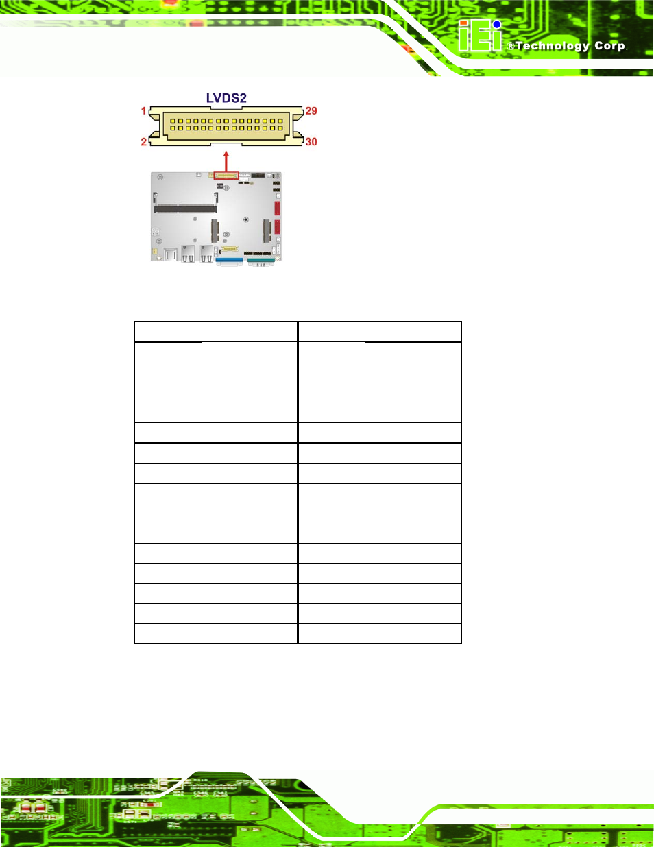 Figure 3-11: lvds2 connector location, Table 3-12: lvds2 connector pinouts | IEI Integration WAFER-CV-D25501_N26001 User Manual | Page 40 / 181