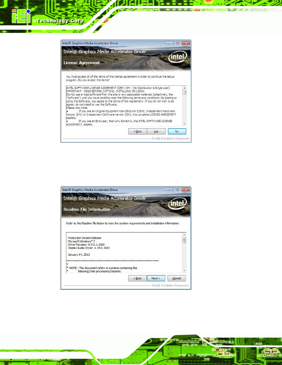Figure 6-10: graphics driver license agreement, Figure 6-11: graphics driver read me file | IEI Integration WAFER-CV-D25502_N26002 User Manual | Page 117 / 182