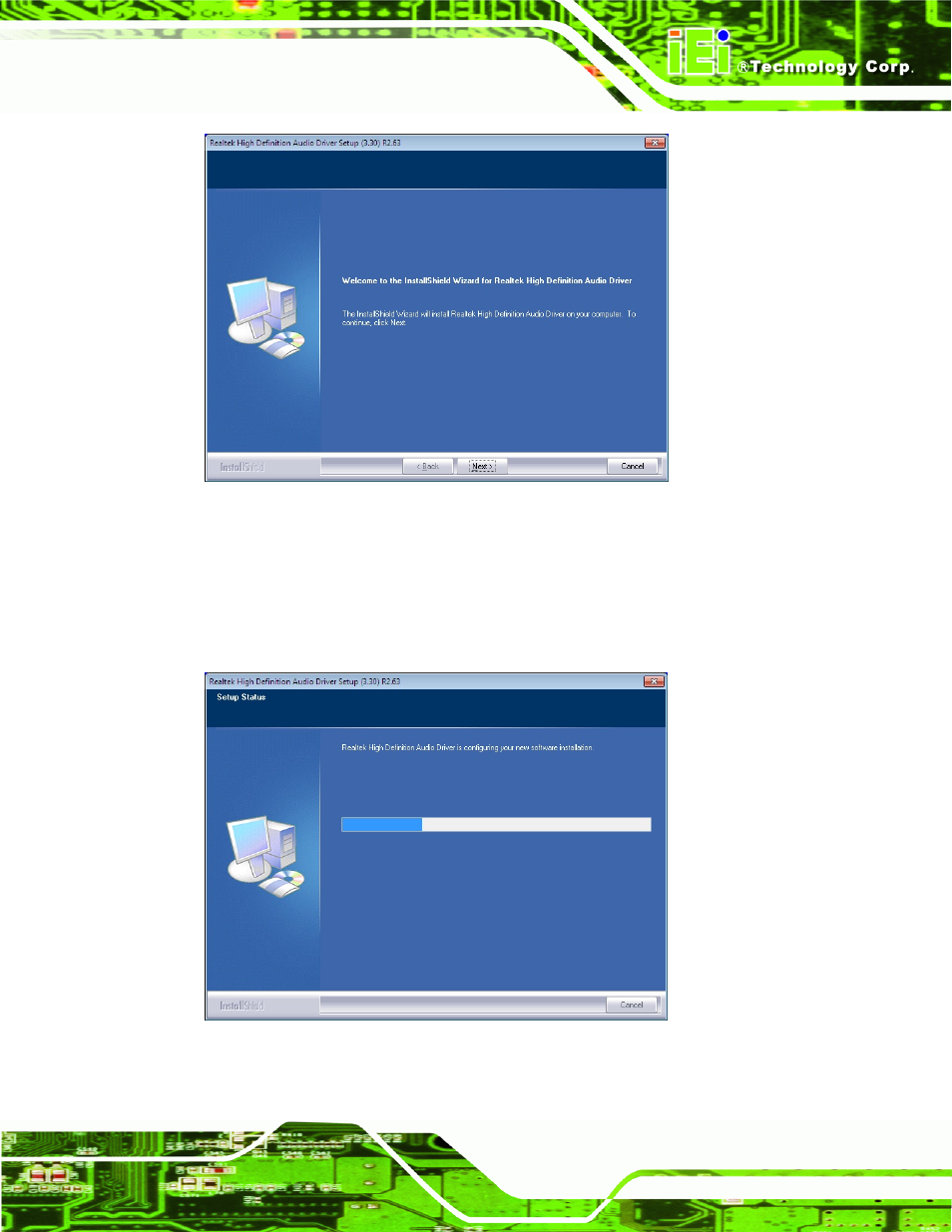 Figure 6-18: audio driver welcome screen, Figure 6-19: audio driver installation | IEI Integration WAFER-CV-D25502_N26002 User Manual | Page 122 / 182