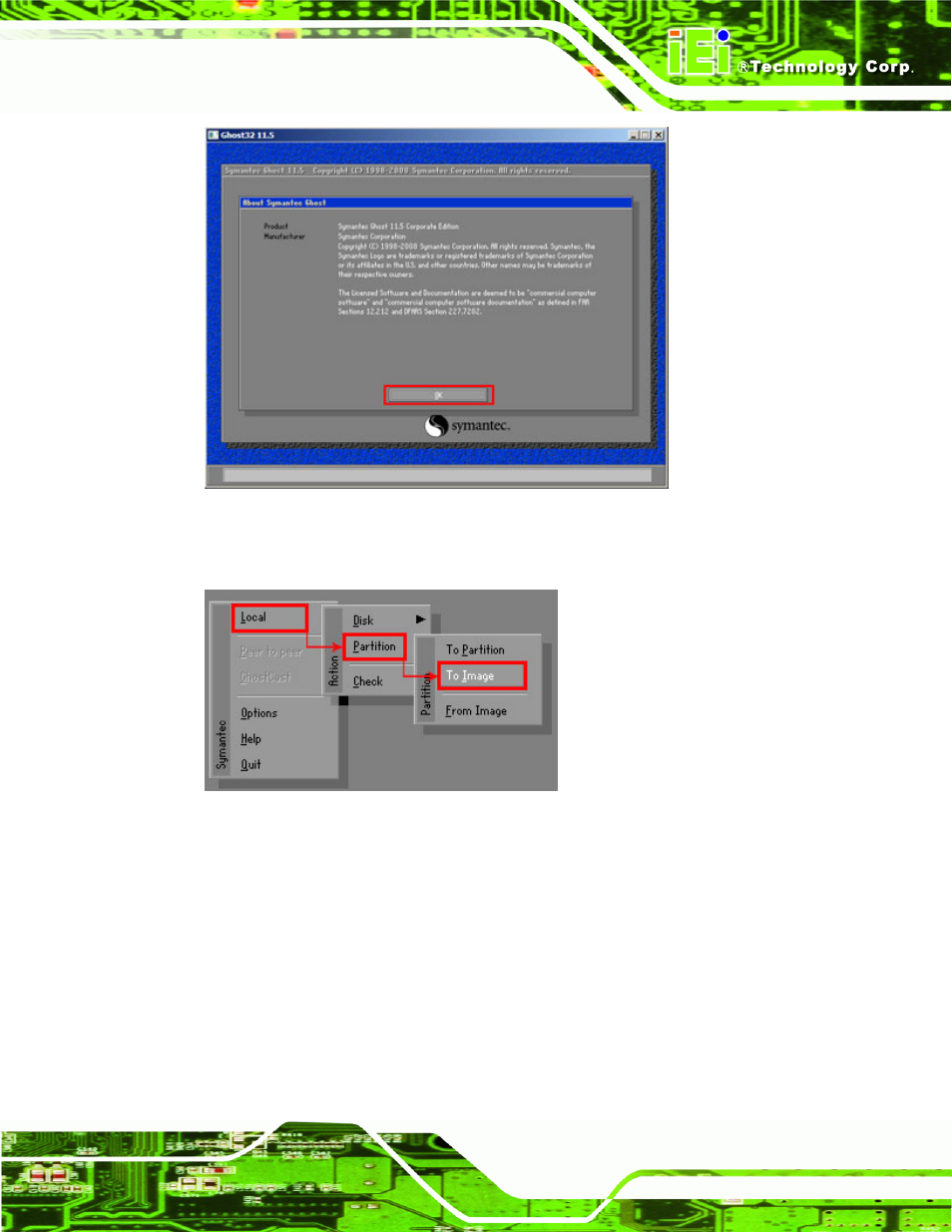 Figure b-12: about symantec ghost window, Figure b-13: symantec ghost path | IEI Integration WAFER-CV-D25502_N26002 User Manual | Page 140 / 182