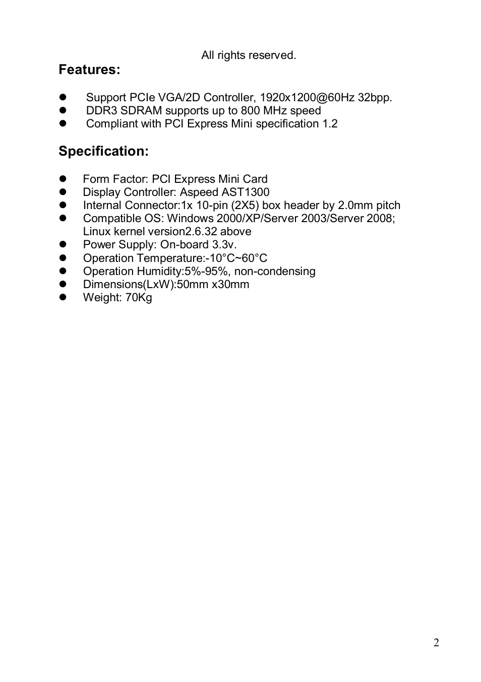 Features, Specification | IEI Integration IGCME-1300 User Manual | Page 2 / 4