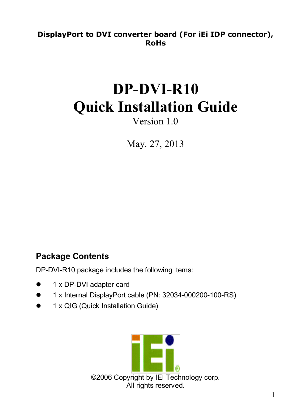 IEI Integration DP-DVI User Manual | 4 pages