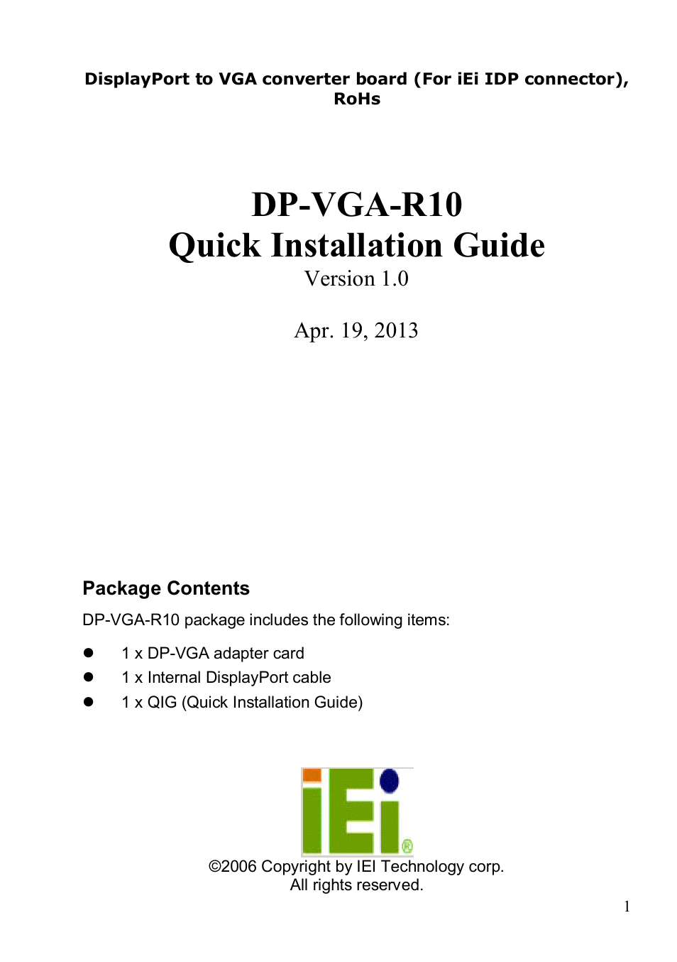 IEI Integration DP-VGA User Manual | 4 pages