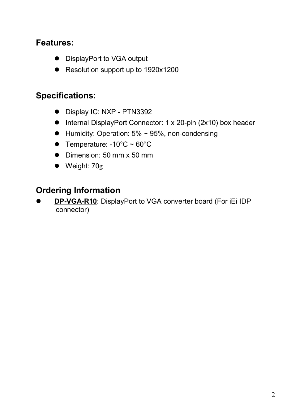 Features, Specifications, Ordering information | IEI Integration DP-VGA User Manual | Page 2 / 4