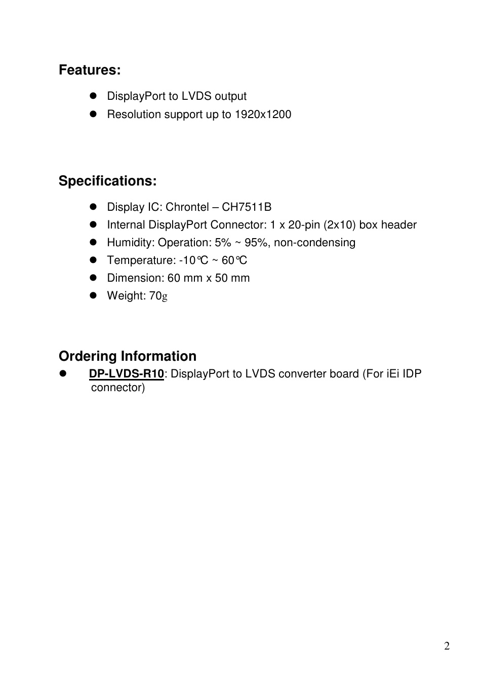 Features, Specifications, Ordering information | IEI Integration DP-LVDS User Manual | Page 2 / 6