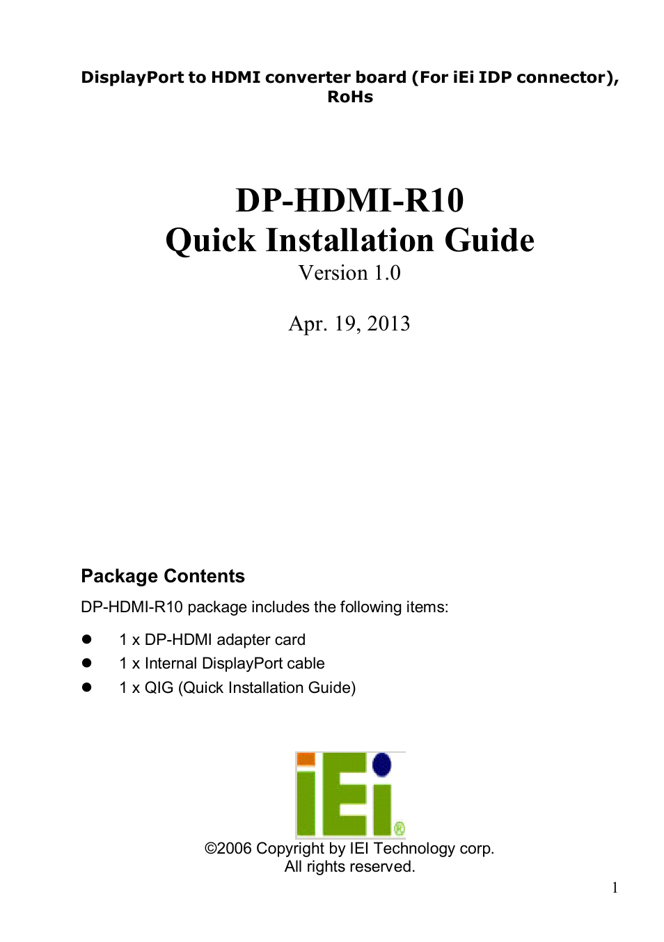 IEI Integration DP-HDMI User Manual | 4 pages