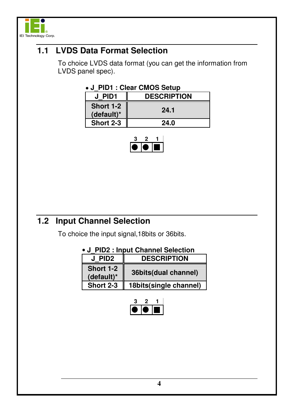 1 lvds data format selection, 2 input channel selection | IEI Integration LVDS24-01 User Manual | Page 4 / 10