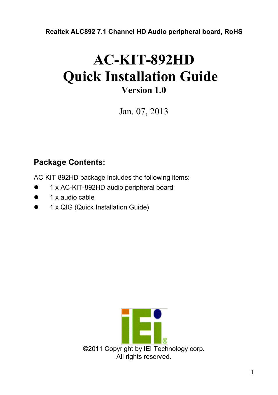 IEI Integration AC-KIT-892HD User Manual | 5 pages