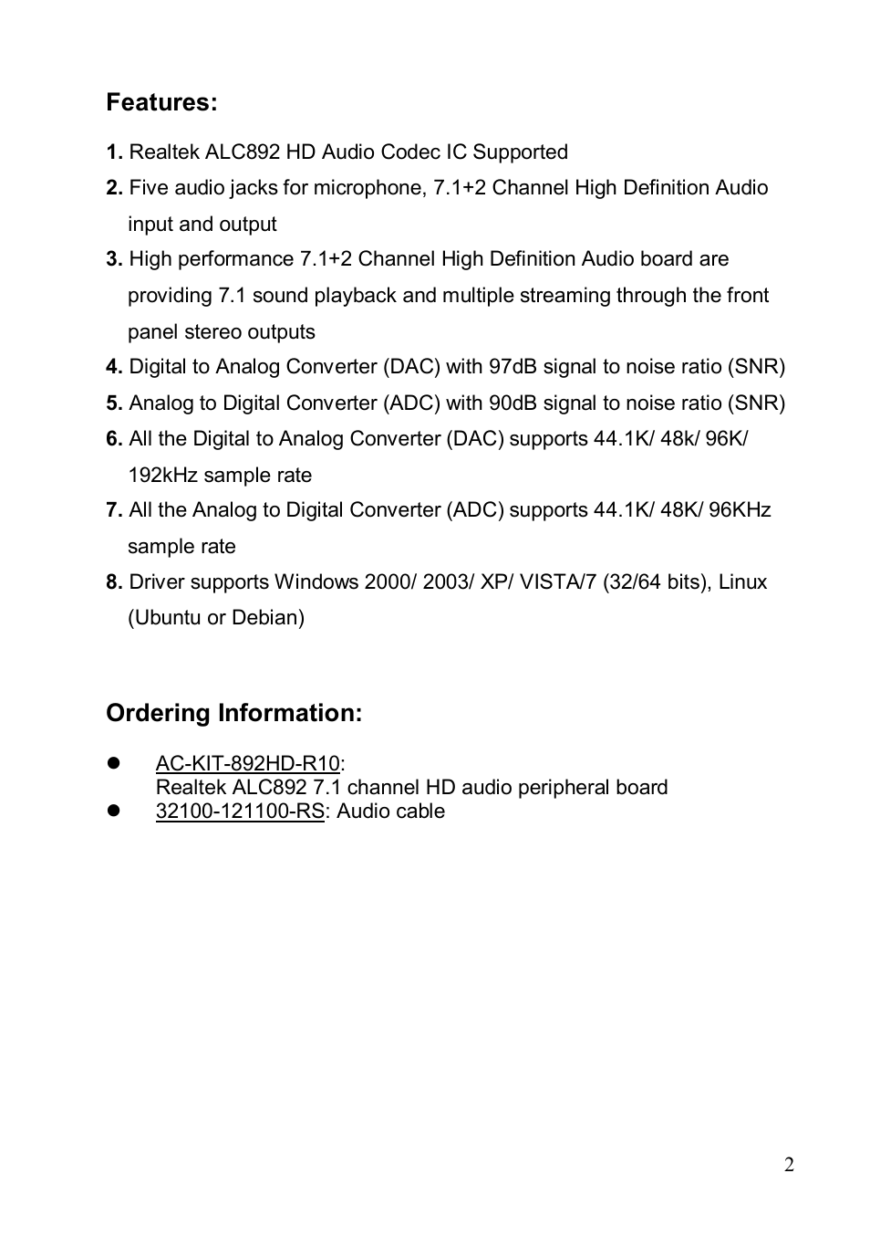 Features, Ordering information | IEI Integration AC-KIT-892HD User Manual | Page 2 / 5