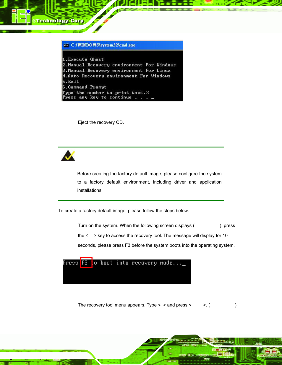 A.2.5 create factory default image, Figure a-9: press any key to continue, Figure a-10: press f3 to boot into recovery mode | A.2.5 | IEI Integration ECW-281B_D2550 User Manual | Page 118 / 159