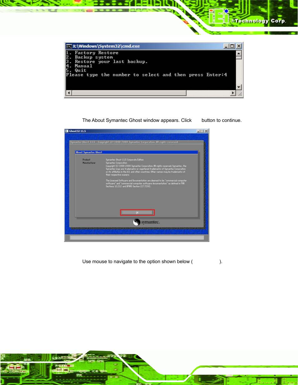 Figure a-11: recovery tool menu, Figure a-12: about symantec ghost window | IEI Integration ECW-281B_D2550 User Manual | Page 119 / 159