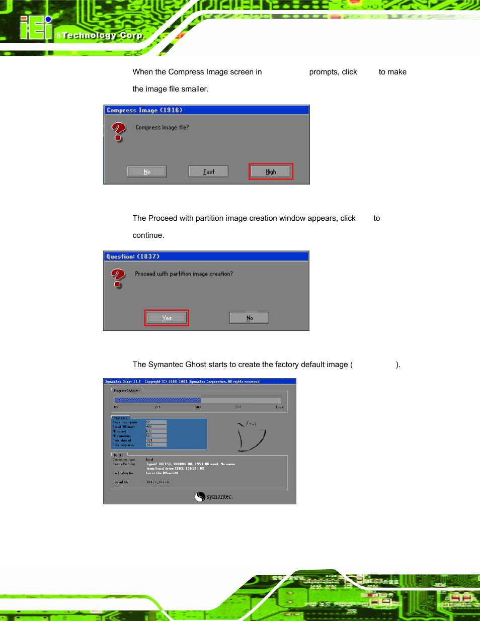 Figure a-17: compress image, Figure a-18: image creation confirmation, Figure a-19: image creation process | IEI Integration ECW-281B_D2550 User Manual | Page 122 / 159