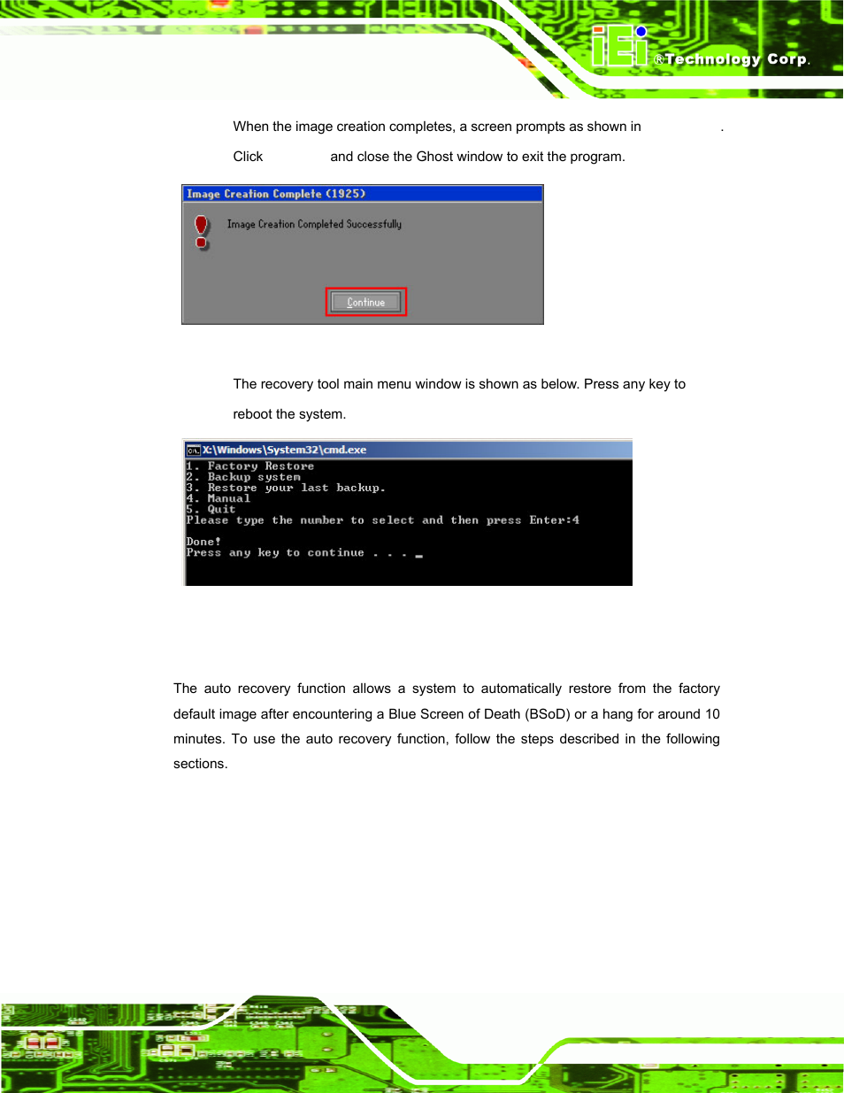 A.3 auto recovery setup procedure, Ecovery, Etup | Rocedure, Figure a-20: image creation complete, Figure a-21: press any key to continue, Section a.3 | IEI Integration ECW-281B_D2550 User Manual | Page 123 / 159