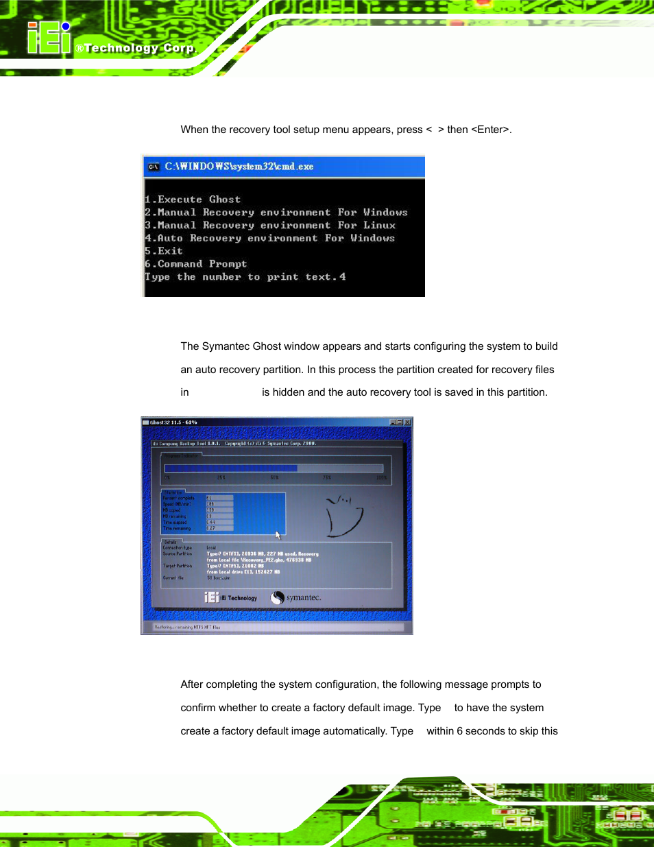Figure a-24: launching the recovery tool, Figure a-25: auto recovery environment for windows, Figure a-26: building the auto recovery partition | IEI Integration ECW-281B_D2550 User Manual | Page 126 / 159