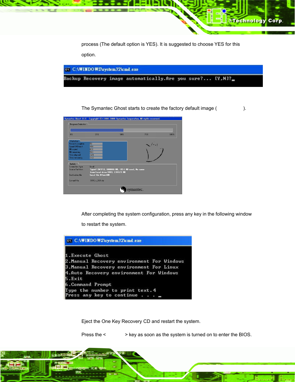 Figure a-27: factory default image confirmation, Figure a-28: image creation complete, Figure a-29: press any key to continue | IEI Integration ECW-281B_D2550 User Manual | Page 127 / 159