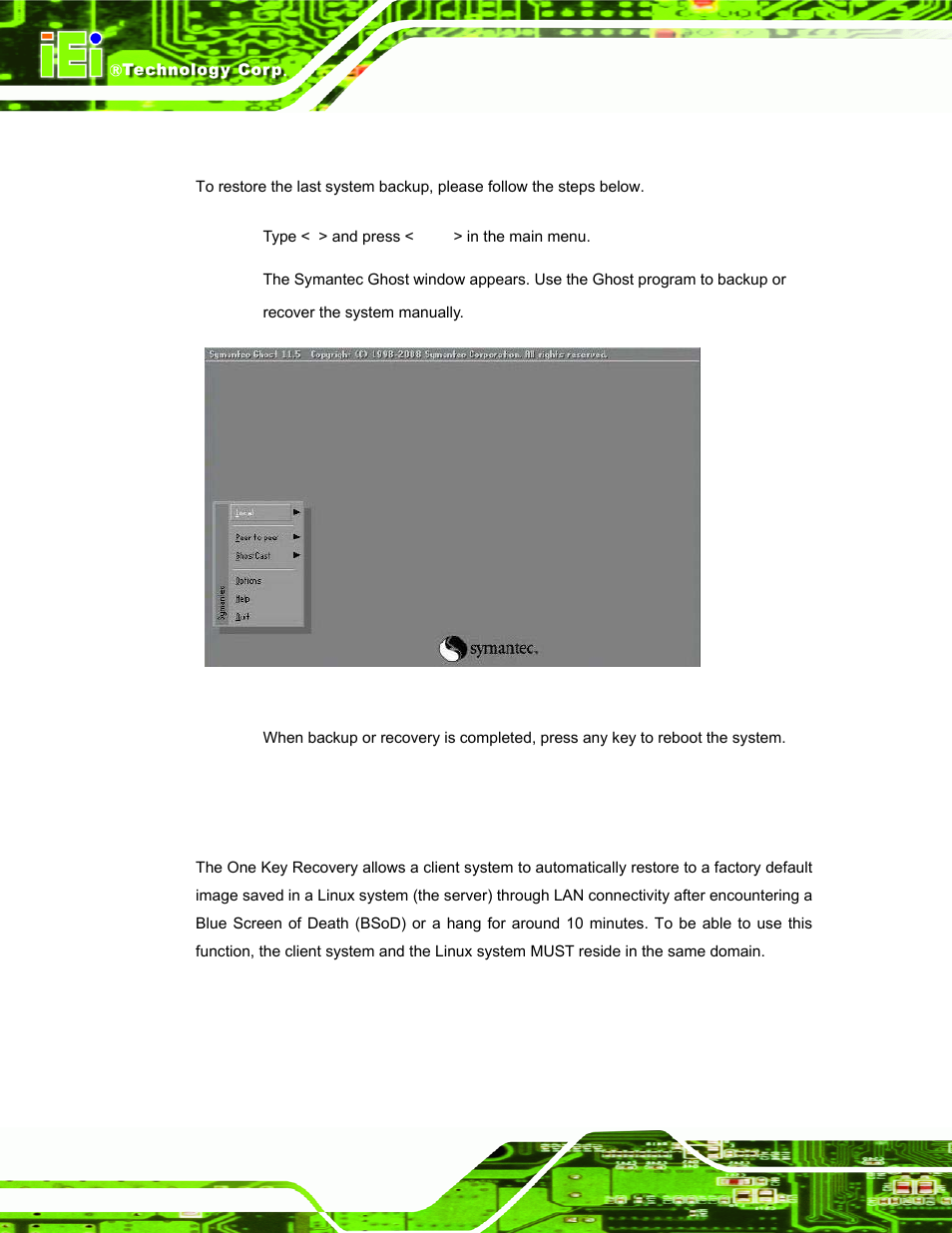 A.5.4 manual, Estore, Ystems from a | Inux, Erver through, Figure a-42: symantec ghost window | IEI Integration ECW-281B_D2550 User Manual | Page 136 / 159
