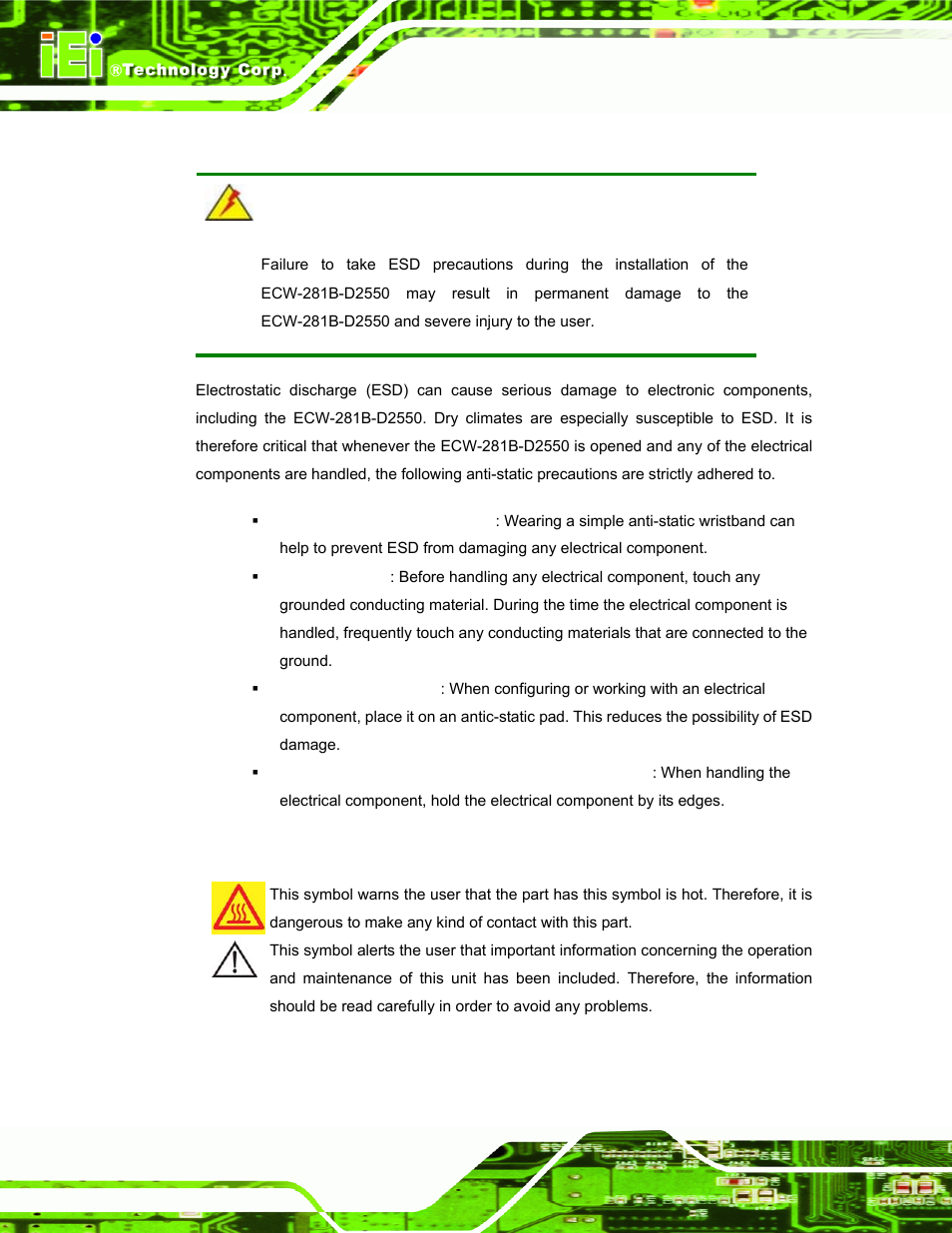 B.1.2 anti-static precautions, B.1.3 explanation of graphical symbols | IEI Integration ECW-281B_D2550 User Manual | Page 150 / 159