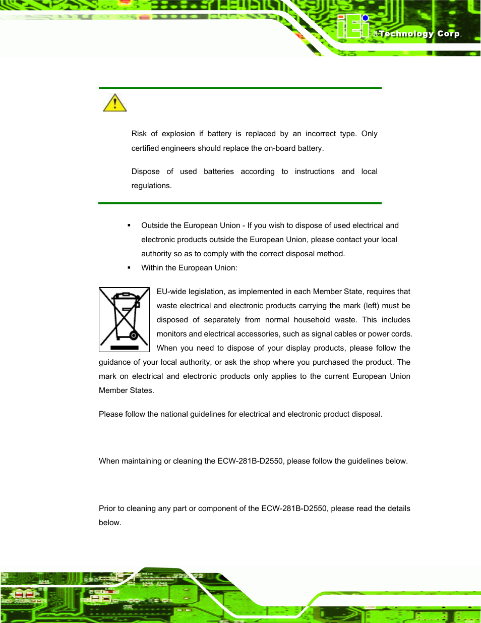 B.1.4 product disposal, B.2 maintenance and cleaning precautions, B.2.1 maintenance and cleaning | Aintenance and, Leaning, Recautions | IEI Integration ECW-281B_D2550 User Manual | Page 151 / 159