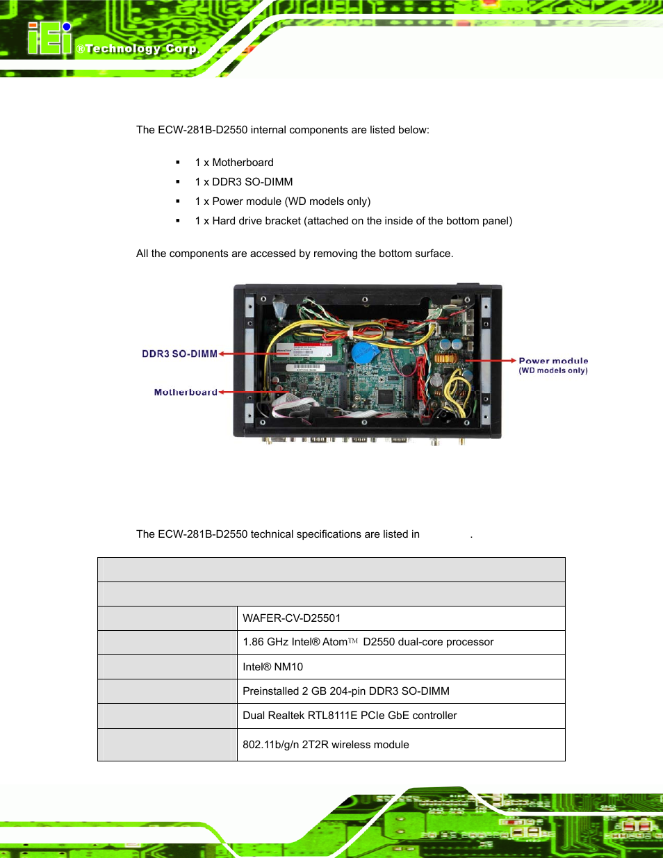 5 internal overview, 6 technical specifications, Nternal | Verview, Echnical, Pecifications, Figure 1-5: internal overview | IEI Integration ECW-281B_D2550 User Manual | Page 20 / 159