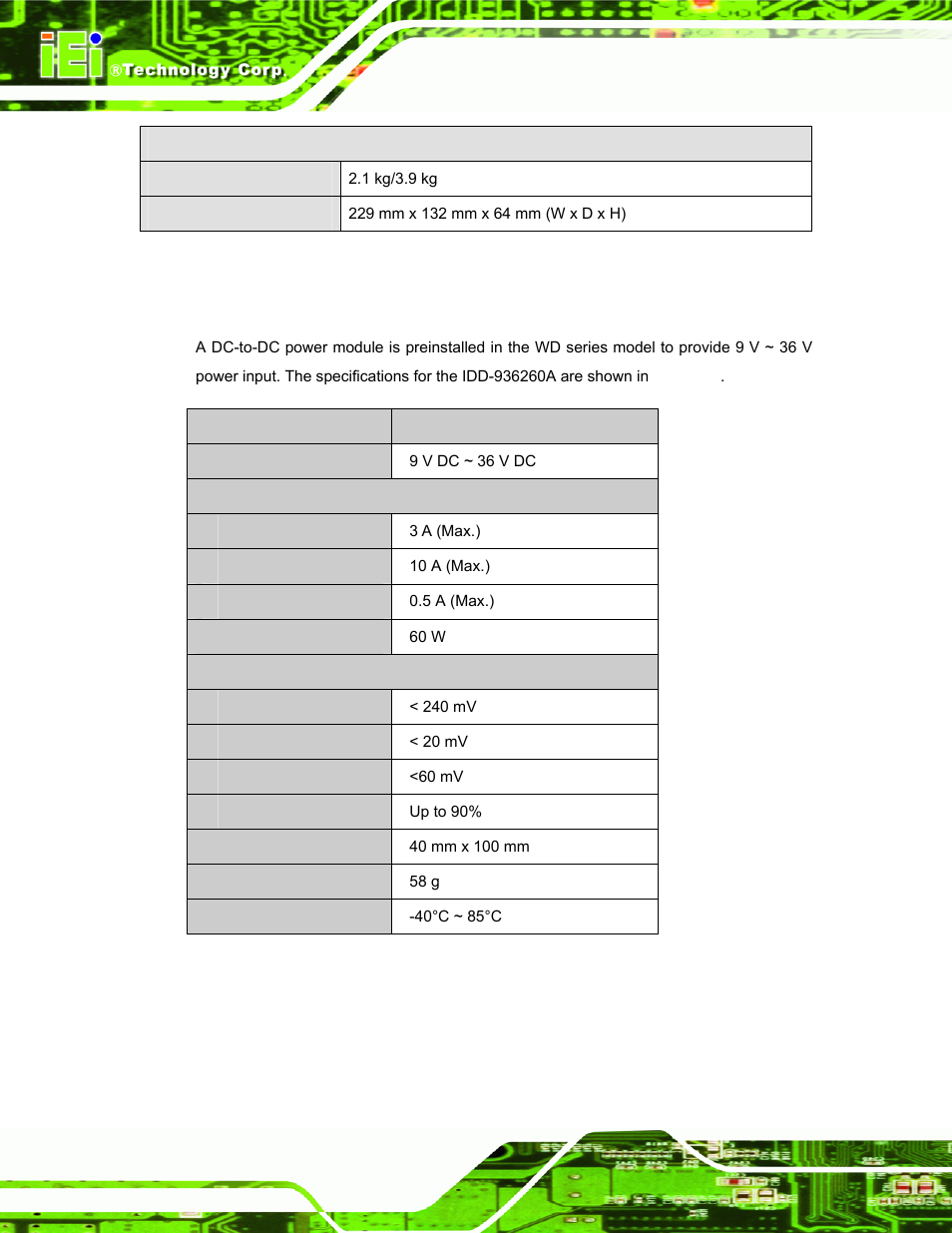 7 power module specifications (optional), Ower, Odule | Pecifications, Ptional, Table 1-2: technical specifications, Table 1-3: dc-to-dc power module specifications | IEI Integration ECW-281B_D2550 User Manual | Page 22 / 159