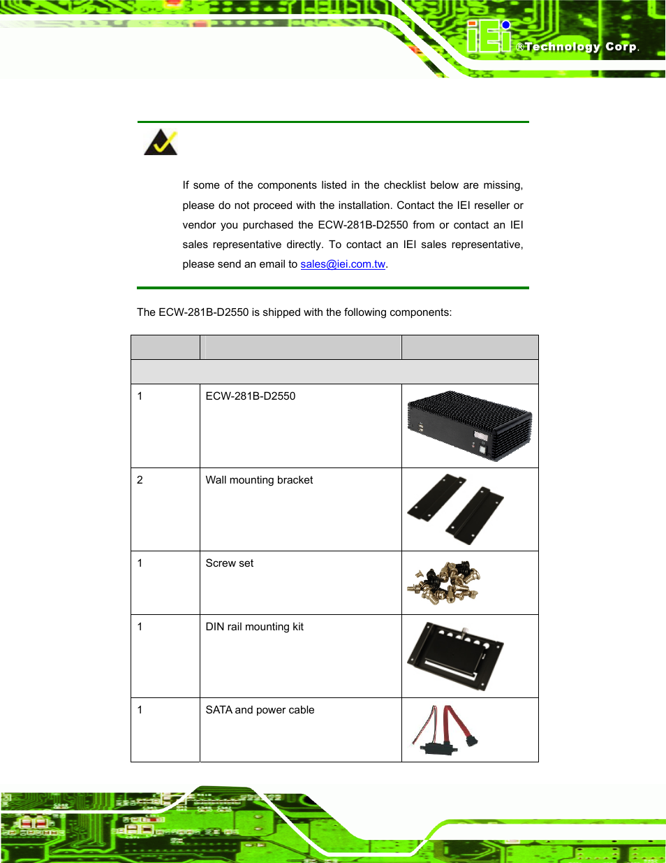3 unpacking checklist, Npacking, Hecklist | IEI Integration ECW-281B_D2550 User Manual | Page 27 / 159
