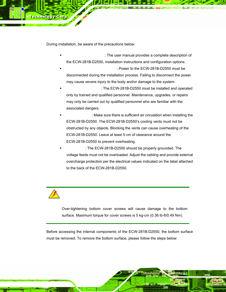 1 installation precautions, 2 bottom surface removal, Nstallation | Recautions, Ottom, Urface, Emoval | IEI Integration ECW-281B_D2550 User Manual | Page 30 / 159