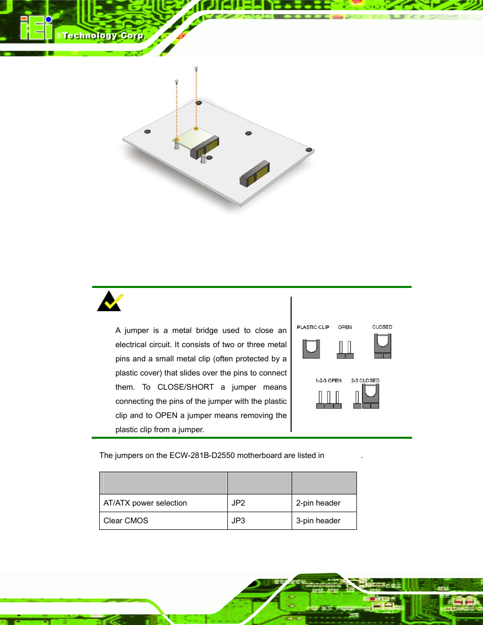 6 jumper settings, Umper, Ettings | Figure 3-13: secure the half-size pcie mini card, Table 3-1: jumpers | IEI Integration ECW-281B_D2550 User Manual | Page 38 / 159