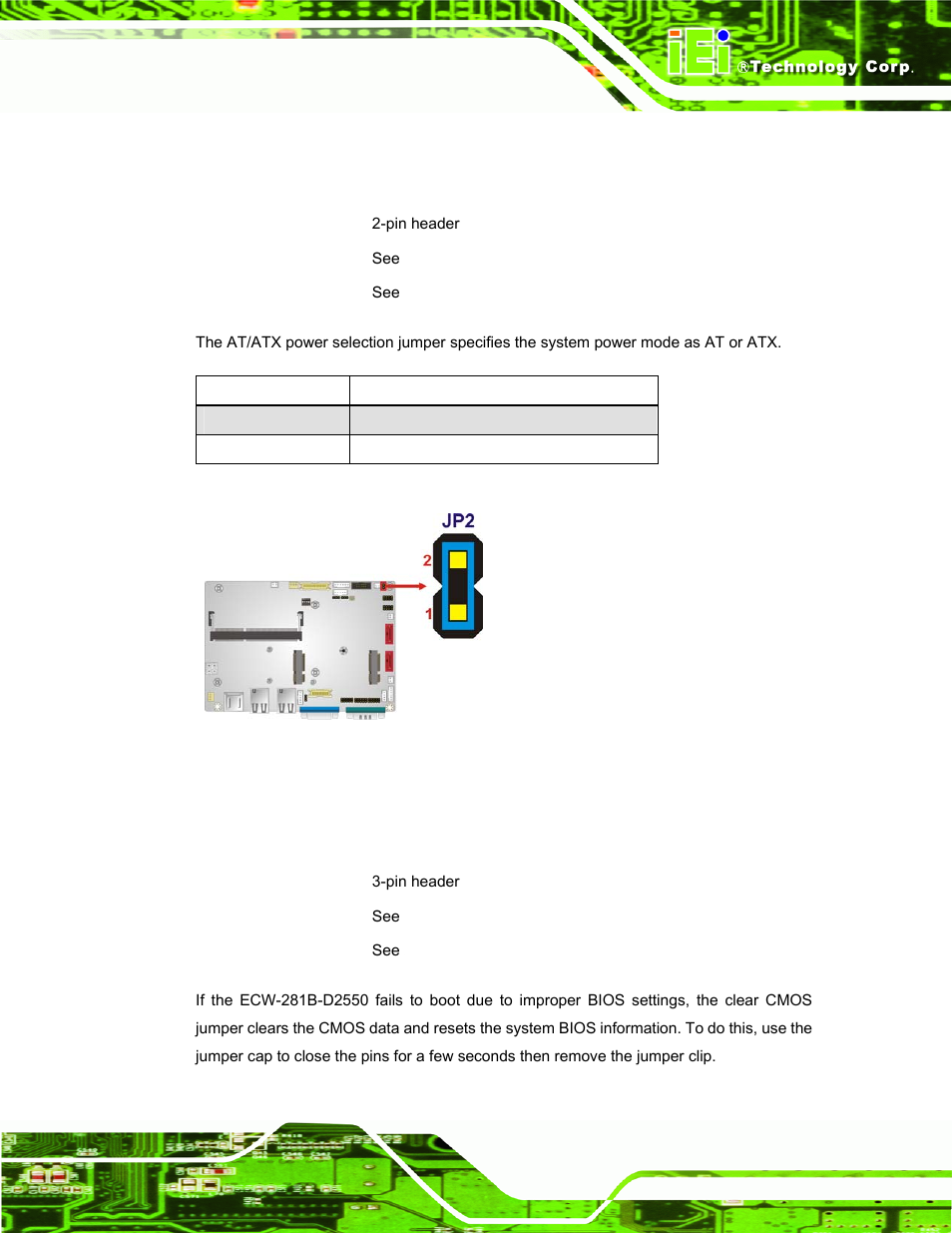 1 at/atx power selection jumper, 2 clear cmos jumper, Table 3-2: at/atx power selection jumper settings | IEI Integration ECW-281B_D2550 User Manual | Page 39 / 159