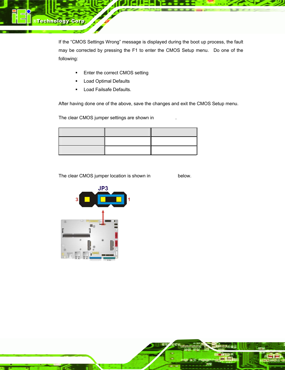 Figure 3-15: clear cmos jumper location, Table 3-3: clear cmos jumper settings, See table 3-3 | IEI Integration ECW-281B_D2550 User Manual | Page 40 / 159