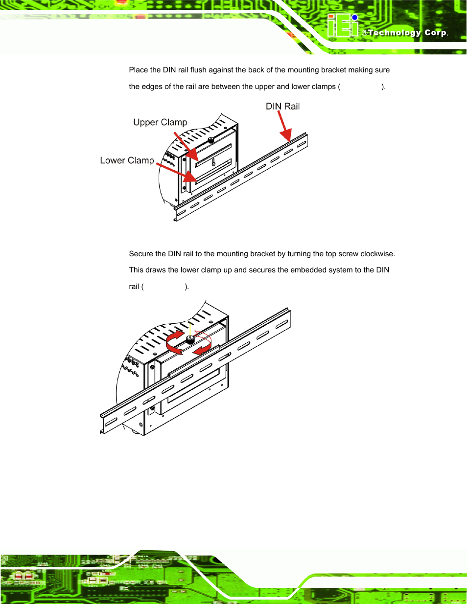 Figure 3-21: mounting the din rail, Figure 3-22: secure the assembly to the din rail | IEI Integration ECW-281B_D2550 User Manual | Page 45 / 159