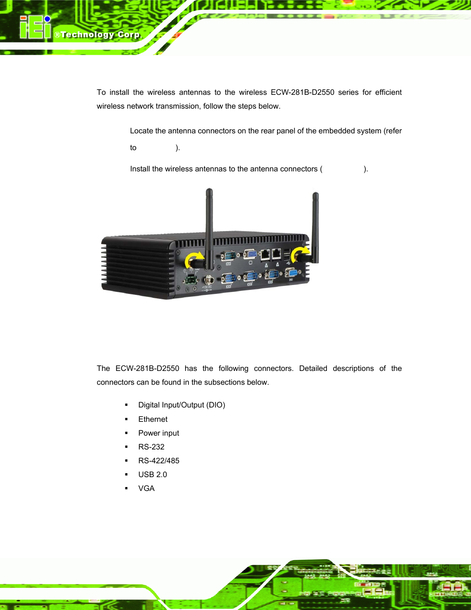 8 external peripheral interface connectors, Xternal, Eripheral | Nterface, Onnectors, Figure 3-23: wireless antenna installation | IEI Integration ECW-281B_D2550 User Manual | Page 46 / 159