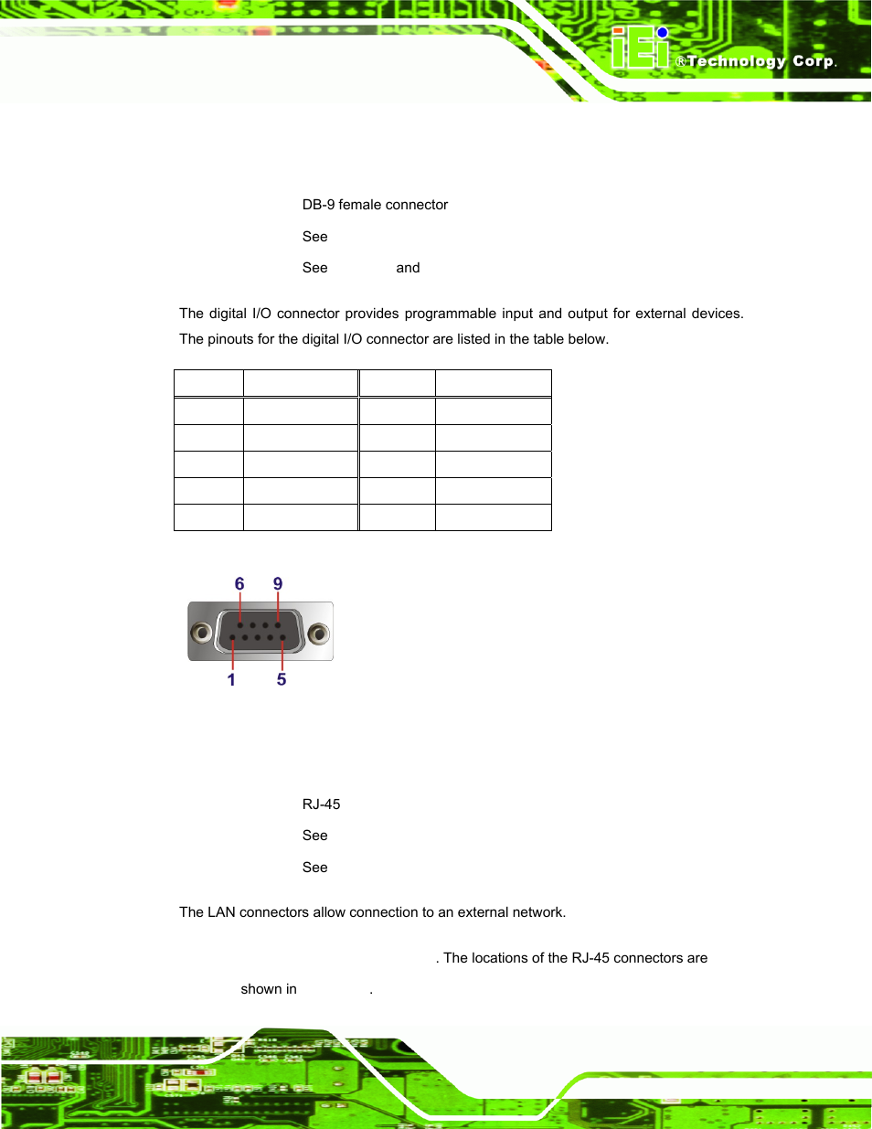 1 digital input/output (dio) connector, 2 lan connectors, Figure 3-24: dio connector pinout location | Table 3-4: dio connector pinouts | IEI Integration ECW-281B_D2550 User Manual | Page 47 / 159