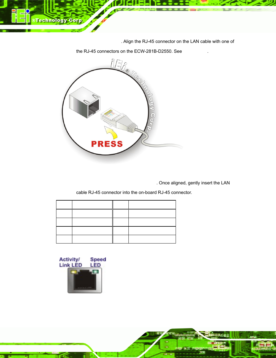 Figure 3-25: lan connection, Figure 3-26: rj-45 ethernet connector, Table 3-5: lan pinouts | See table 3-5 | IEI Integration ECW-281B_D2550 User Manual | Page 48 / 159