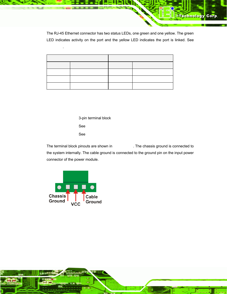 3 power terminal block (wd models only), Figure 3-27: power terminal block pinouts, Table 3-6: rj-45 ethernet connector leds | IEI Integration ECW-281B_D2550 User Manual | Page 49 / 159