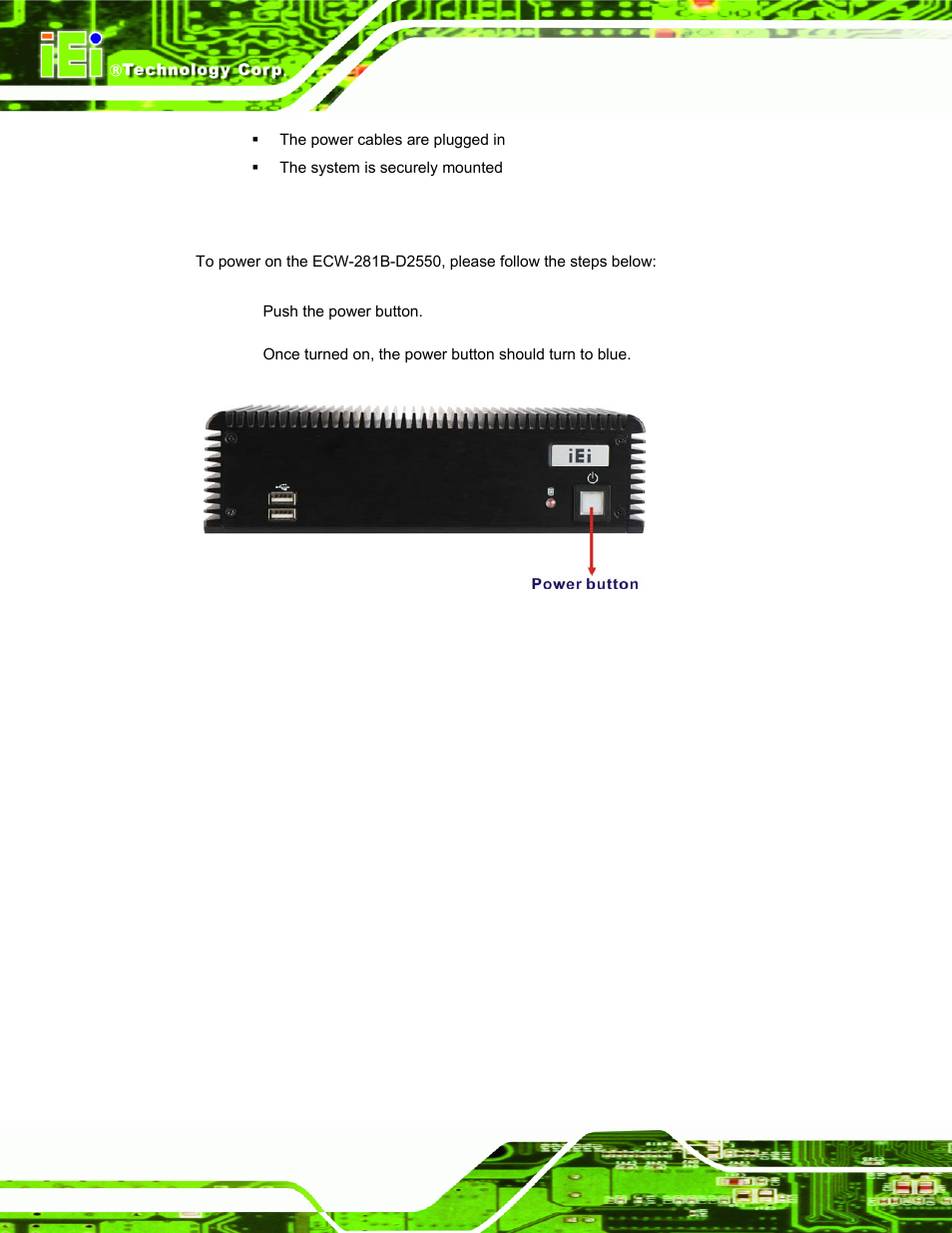 2 powering on the system, Figure 3-34: power button | IEI Integration ECW-281B_D2550 User Manual | Page 56 / 159
