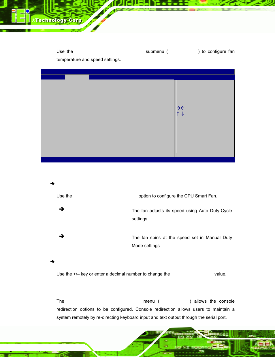 1 smart fan mode configuration, 8 serial port console redirection | IEI Integration ECW-281B_D2550 User Manual | Page 80 / 159