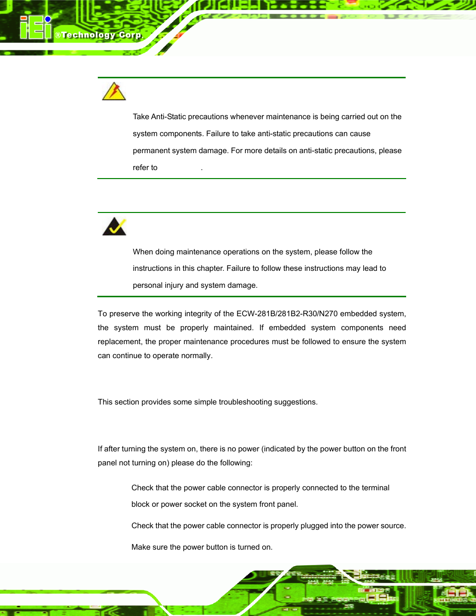 2 system troubleshooting, 1 the system doesn’t turn on | IEI Integration ECW-281B-N270-WT v3.01 User Manual | Page 131 / 189