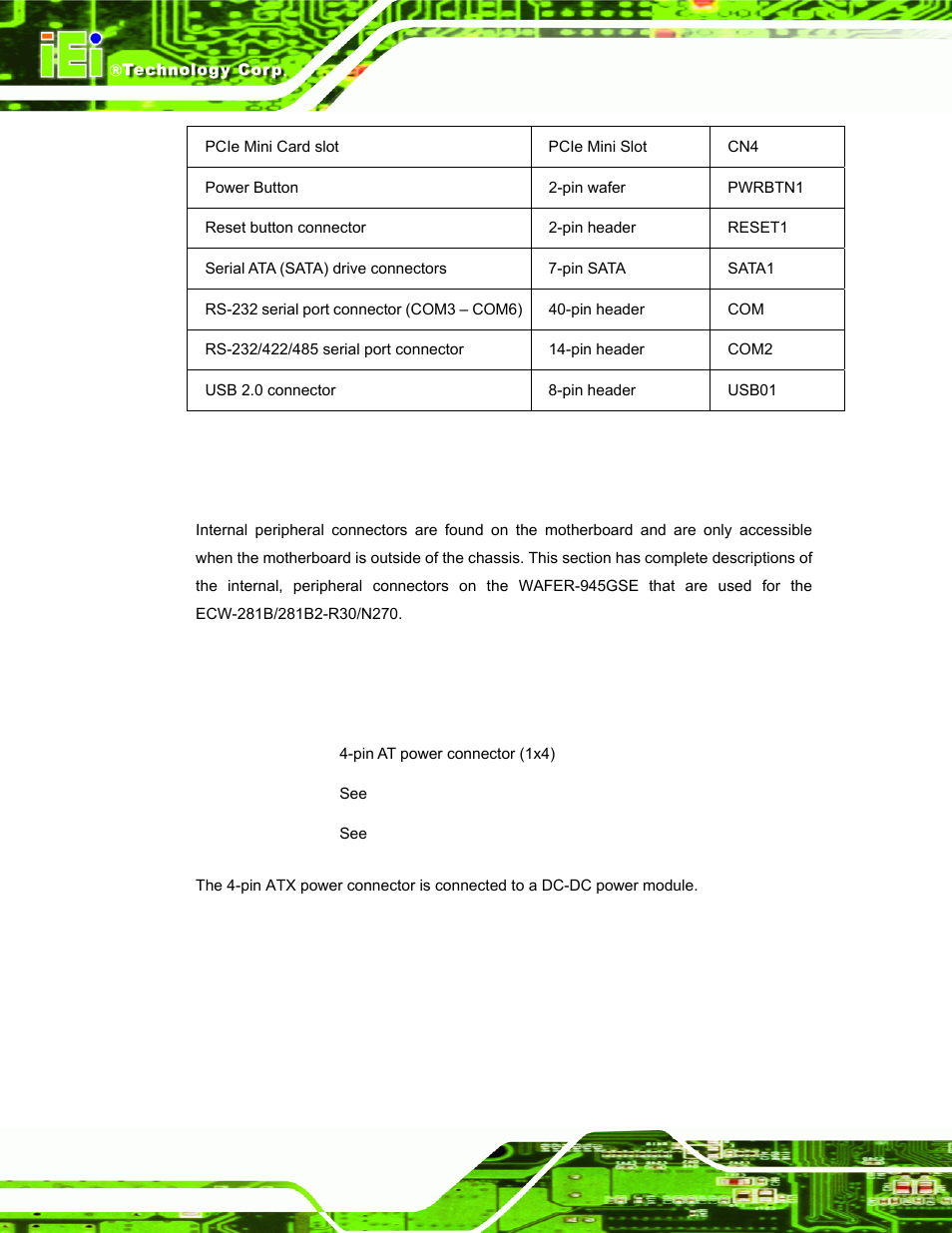 3 internal peripheral connectors, 1 atx power connector | IEI Integration ECW-281B-N270-WT v3.01 User Manual | Page 35 / 189