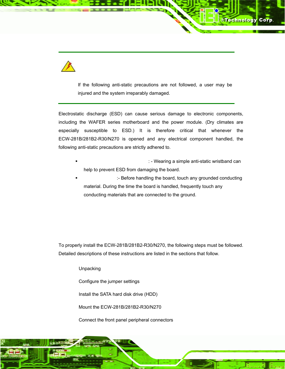 1 anti-static precautions, 2 installation procedure, 1 installation procedure overview | IEI Integration ECW-281B-N270-WT v3.01 User Manual | Page 58 / 189