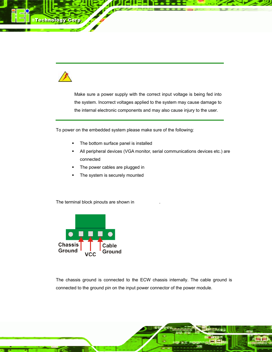 3 power-on procedure, 1 installation checklist, 2 terminal block pinouts | IEI Integration ECW-281B-N270-WT v3.01 User Manual | Page 71 / 189