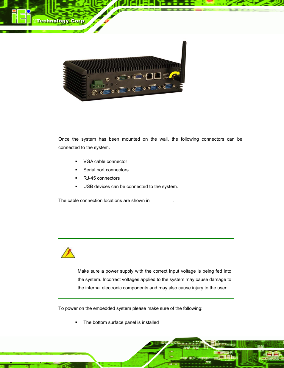 10 cable connections, 3 power-on procedure, 1 installation checklist | IEI Integration ECW-281B-N270-WT v2.10 User Manual | Page 70 / 179