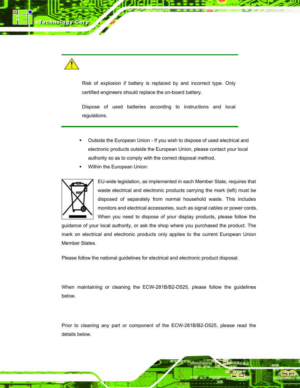 A.1.3 product disposal, A.2 maintenance and cleaning precautions, A.2.1 maintenance and cleaning | Aintenance and, Leaning, Recautions | IEI Integration ECW-281B_B2-D525 User Manual | Page 101 / 137