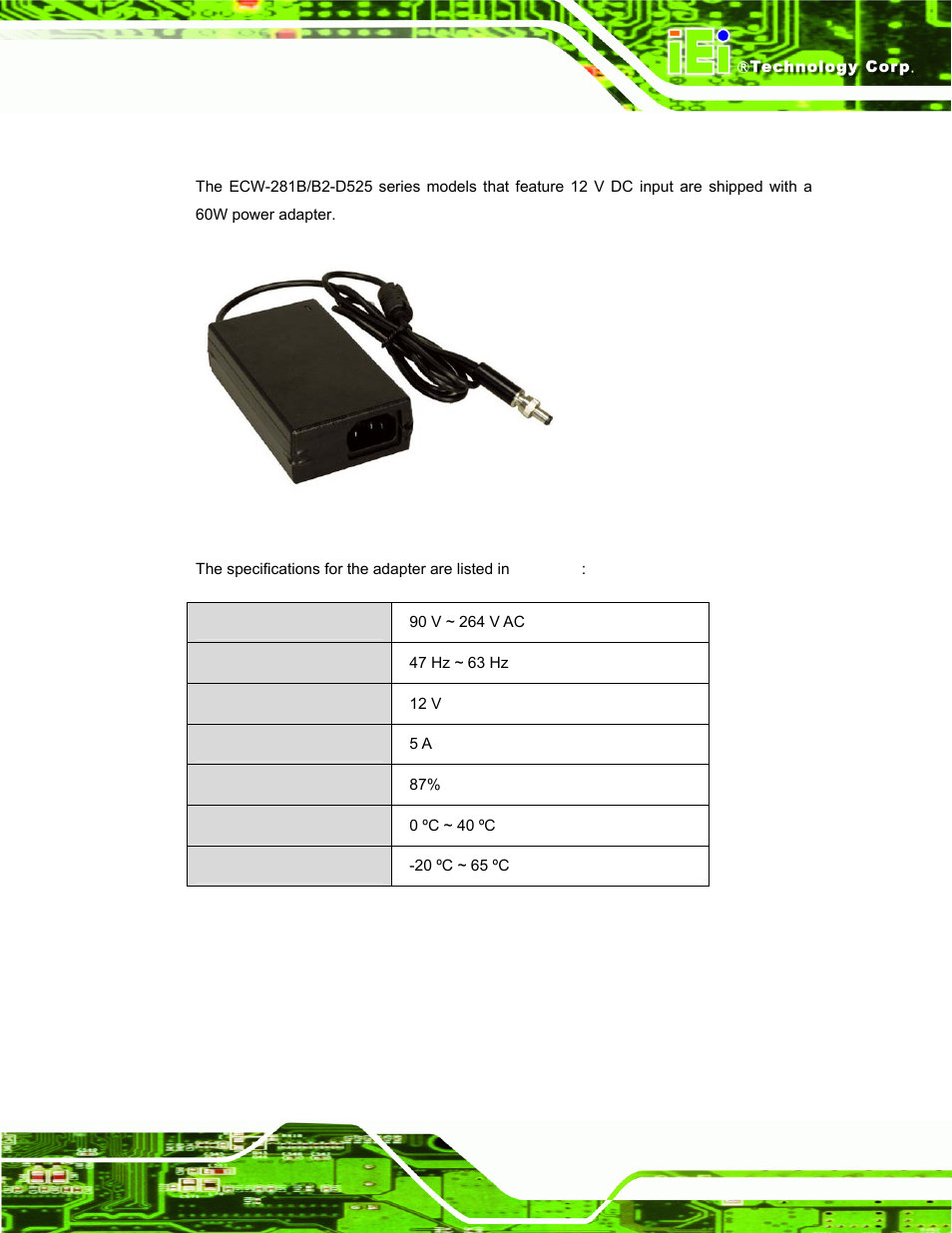 5 power adapter (optional), Ower, Dapter | Ptional, Figure 1-2: power adapter, Table 1-4: power adapter specifications | IEI Integration ECW-281B_B2-D525 User Manual | Page 20 / 137