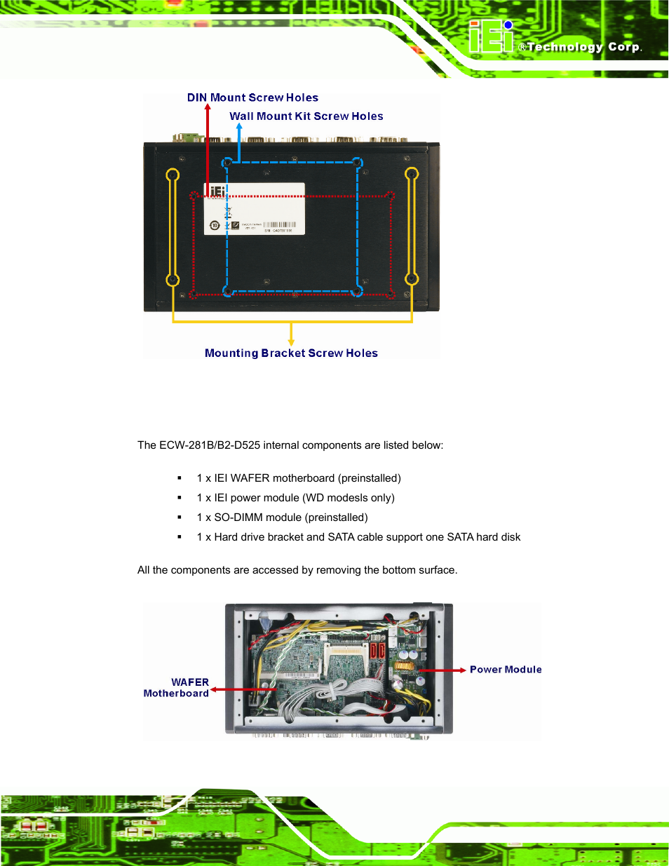 4 internal overview, Nternal, Verview | Figure 2-5: bottom surface, Figure 2-6: internal overview | IEI Integration ECW-281B_B2-D525 User Manual | Page 26 / 137