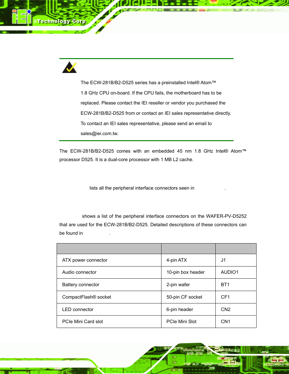 2 cpu support, 2 peripheral interface connectors, 1 peripheral interface connectors | Eripheral, Nterface, Onnectors | IEI Integration ECW-281B_B2-D525 User Manual | Page 29 / 137