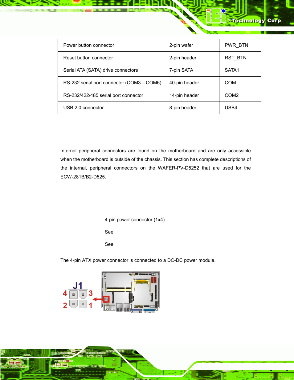 3 internal peripheral connectors, 1 atx power connector, Nternal | Eripheral, Onnectors, Figure 3-2: atx power connector location, Table 3-1: peripheral interface connectors | IEI Integration ECW-281B_B2-D525 User Manual | Page 30 / 137