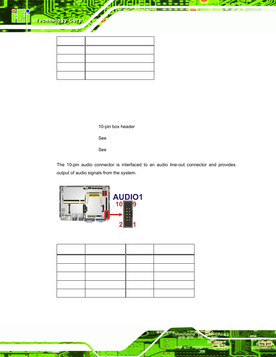 2 audio connector (10-pin), Figure 3-3: audio connector pinouts (10-pin), Table 3-2: atx power connector pinouts | Table 3-3: audio connector pinouts (10-pin) | IEI Integration ECW-281B_B2-D525 User Manual | Page 31 / 137